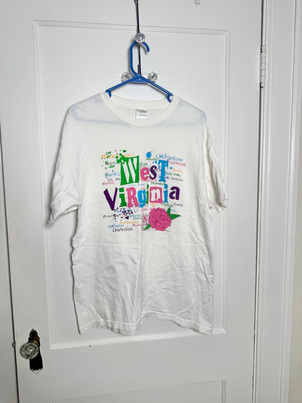Retro Y2K West Virginia T Shirt Gildan Colorful Cities Towns Graphic Souvenir LG
